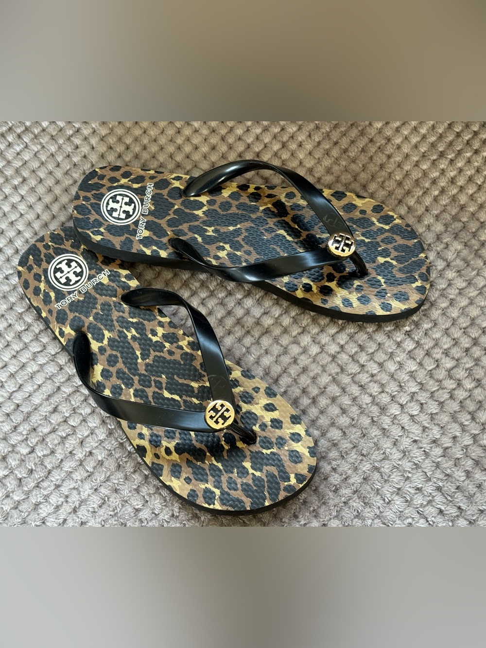 Tory Burch Leopard Print Flip Flop Sandals in Black and Tan with Gold Logo
